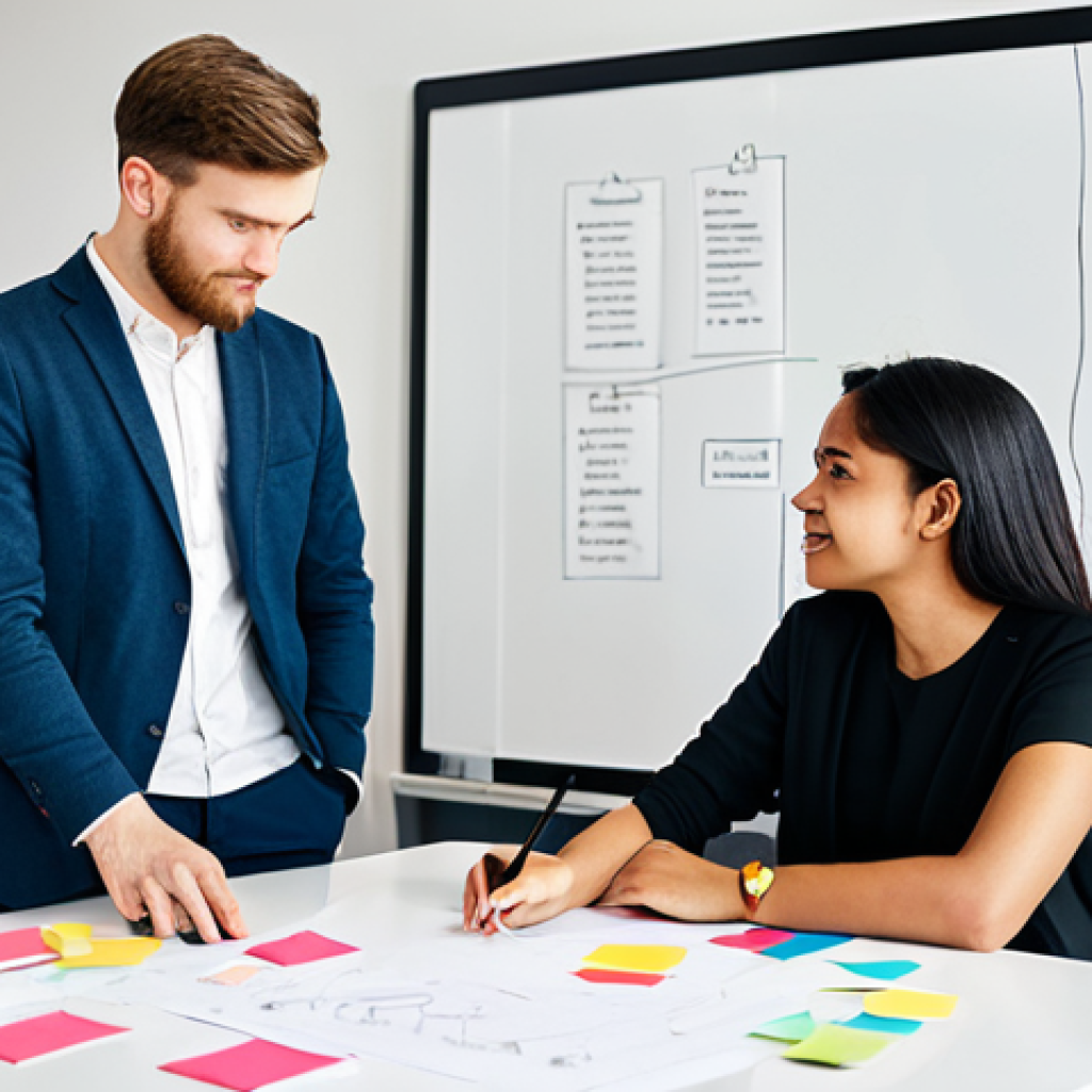 A diverse team of young professionals, fully clothed in modest business attire, actively collaborating around a minimalist whiteboard in a modern, well-lit co-working space. They are brainstorming creative solutions, utilizing sticky notes and sketching diagrams, embodying principles of Design Thinking and SCAMPER. The environment subtly reflects resourcefulness, with simple, functional decor. Natural poses, perfect anatomy, correct proportions, well-formed hands, proper finger count, natural body proportions. Professional photography, high resolution, sharp focus, vibrant colors, clear details. Safe for work, appropriate content, family-friendly.