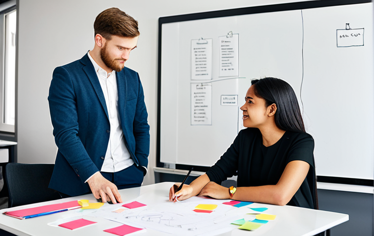 A diverse team of young professionals, fully clothed in modest business attire, actively collaborating around a minimalist whiteboard in a modern, well-lit co-working space. They are brainstorming creative solutions, utilizing sticky notes and sketching diagrams, embodying principles of Design Thinking and SCAMPER. The environment subtly reflects resourcefulness, with simple, functional decor. Natural poses, perfect anatomy, correct proportions, well-formed hands, proper finger count, natural body proportions. Professional photography, high resolution, sharp focus, vibrant colors, clear details. Safe for work, appropriate content, family-friendly.