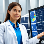 A professional female engineer in a modest lab coat and business attire, standing confidently in a modern, sustainable energy research facility. She observes a holographic display visualizing an optimized smart grid, with solar panels and wind turbine models in the background. fully clothed, appropriate attire, safe for work, professional, perfect anatomy, correct proportions, natural pose, well-formed hands, proper finger count, natural body proportions, high-resolution, professional photography, crisp focus, appropriate content.