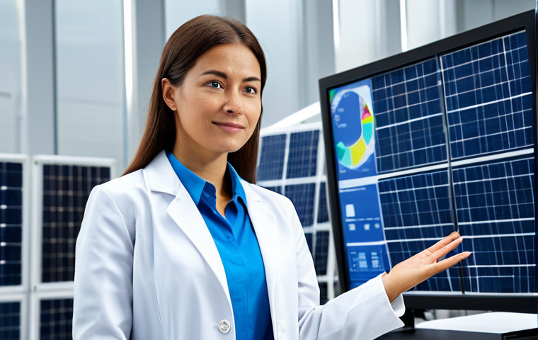 A professional female engineer in a modest lab coat and business attire, standing confidently in a modern, sustainable energy research facility. She observes a holographic display visualizing an optimized smart grid, with solar panels and wind turbine models in the background. fully clothed, appropriate attire, safe for work, professional, perfect anatomy, correct proportions, natural pose, well-formed hands, proper finger count, natural body proportions, high-resolution, professional photography, crisp focus, appropriate content.